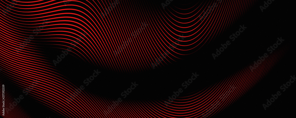 Fototapeta premium Abstract Red Dynamic Wavy Line Pattern on Black Background with Halftone Optical Illusion Effect