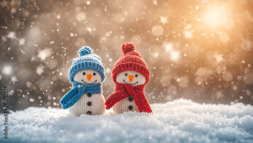 Two adorable snowmen friends wearing knitted hats and scarves in a winter wonderland