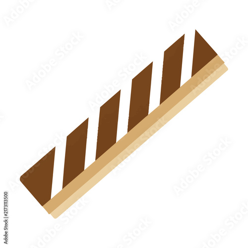 Diagonal chocolate wafer stick with cream stripes isolated on white background. Sweet snack and confectionery design concept