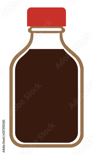 Minimalist glass bottle with dark liquid and red screw cap on white background. Condiment packaging concept
