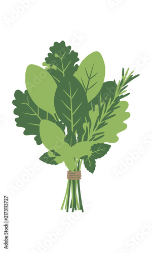 Bundle of fresh leafy greens and herbs tied with a rustic knot on a white background organic food concept