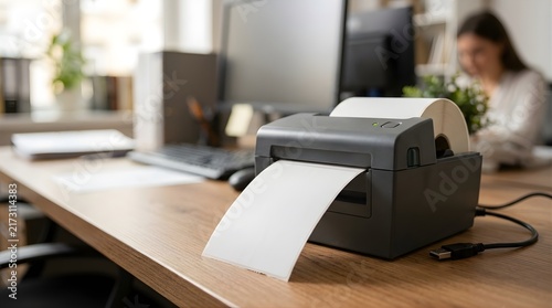 Thermal label printer on a desk in a modern office with blurred worker