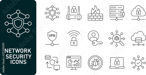 Network security icon set. Cybersecurity, data protection, vpn, firewall and cloud safety thin line icons. Editable stroke vector illustrations