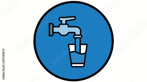 Minimalist vector icon of a water tap filling a glass with fresh water.