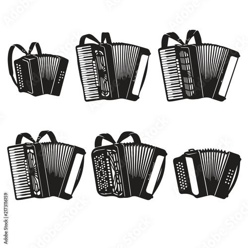 Bild auf Leinwand Collection of vintage black accordion instruments silhouette vector set