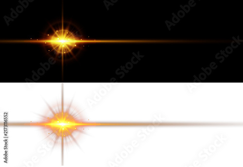 Принти на полотні Bright golden starburst light flash with horizontal ray glowing