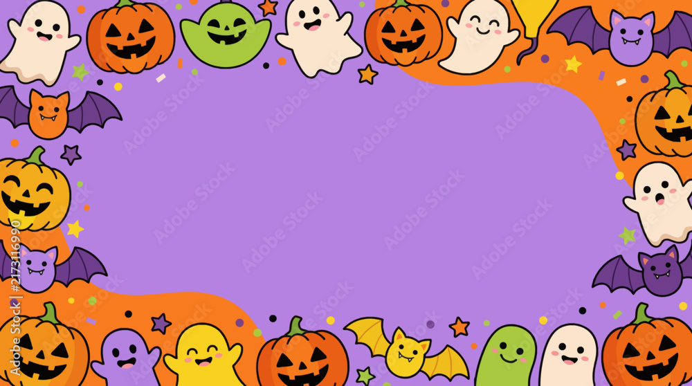 Naklejka premium Cute Halloween kids party background with ghosts pumpkins and bats