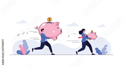 Professional man and woman running fast while carrying different sized piggy banks representing savings competition or goals.