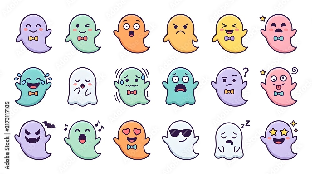 Obraz premium Cute halloween ghost emoji characters with various expressions