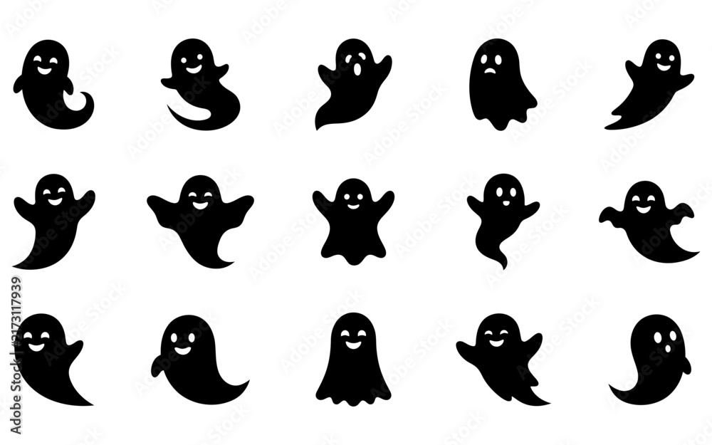 Fototapeta premium Set of cute hand drawn ghost characters for halloween decorations and spooky party design elements