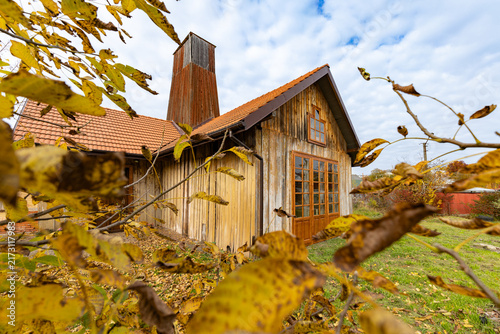 Cuadro en lienzo Historical wooden brine well shaft building at Drohobych saltworks in autumn