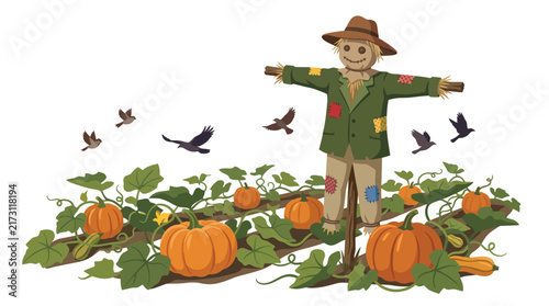 Obraz na plátně Modern Rustic Scarecrow Protecting Pumpkin and Squash Crops with Large Green Vin