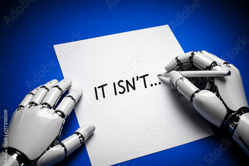 Robotic hands writing text on a paper sheet over a blue background symbolizing artificial intelligence