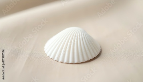Elegant white ribbed seashell on soft beige silk fabric backdrop with copy space
