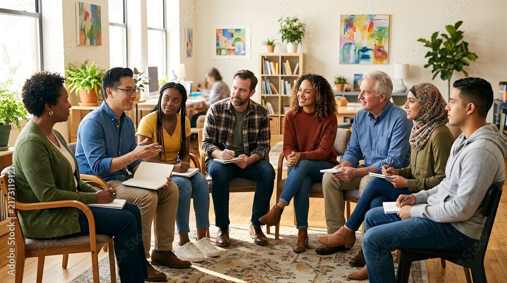 Fototapeta premium Diverse professional team sitting in a circle for a group meeting in an office