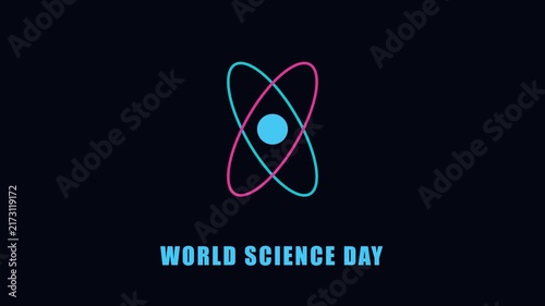 Science day motion animation with rotating atom symbol on dark 4k background, physics chemistry