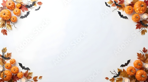 Halloween background with pumpkins, autumn leaves, and paper bats isolated on white background