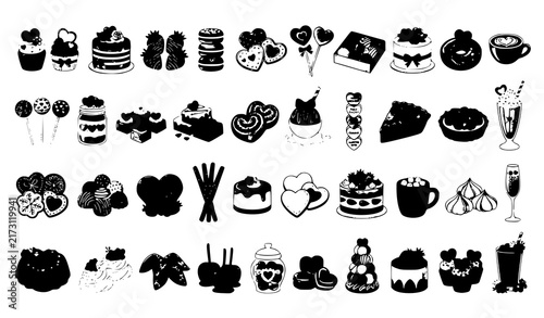 Bakery Sweet Dessert and Pastry Silhouette Icon Set with Cupcakes, Cakes, Cookies, Macarons, Milkshakes, and Hot Chocolate Symbols for Café Menu and Food Branding Designs