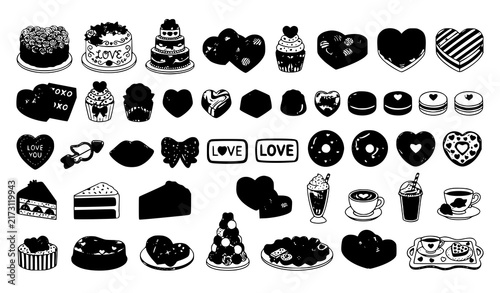 Valentine Sweet Dessert and Wedding Cake Silhouette Icon Set with Heart Chocolates, Cupcakes, Donuts, and Macarons for Romantic Café Menu and Bakery Branding Designs