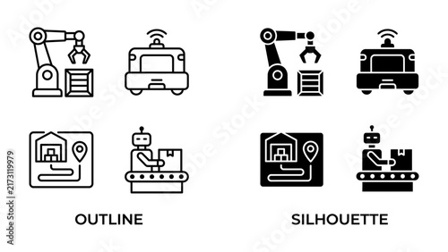 Automation Icons Set: A collection of line art and silhouette icons illustrating robotic automation in logistics, including a robotic arm with a box, an autonomous vehicle, warehouse navigation.