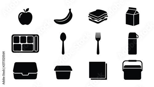 Black and white icons set for food and lunch accessories
