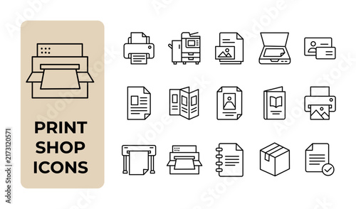 Print shop icon set. Printing house, copy service, publishing and document scanning thin line icons. Editable stroke vector illustrations