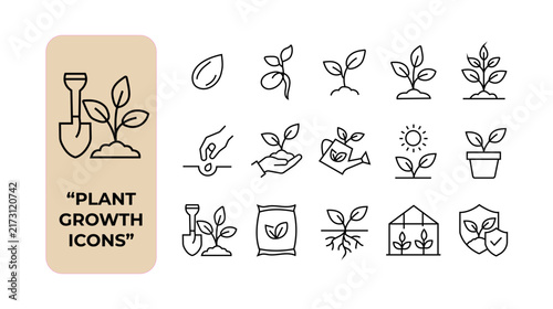 Plant growth icon set. Gardening, agriculture, sprout and farming thin line icons. Editable stroke vector illustrations.
