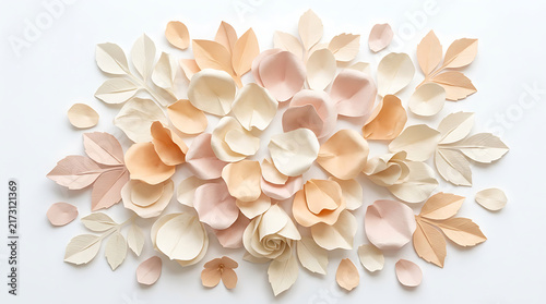 Decorative paper flowers and petals in soft pastel colors