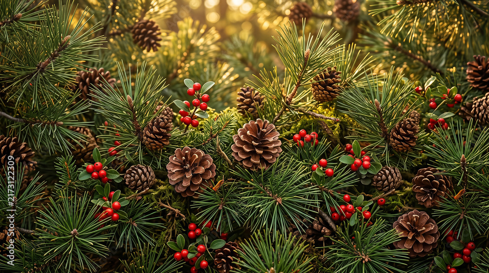 Fototapeta premium Lush natural pine branches densely decorated with rustic pinecones perfect for classic organic winter backgrounds and earthy festive seasonal graphic textures