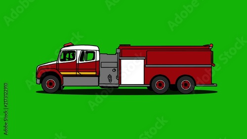 fire truck animation side view isolated in green screen