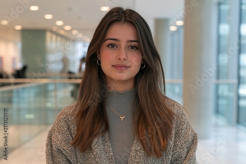 Portrait of a young woman with long brown hair standing in a bright modern office building lobby