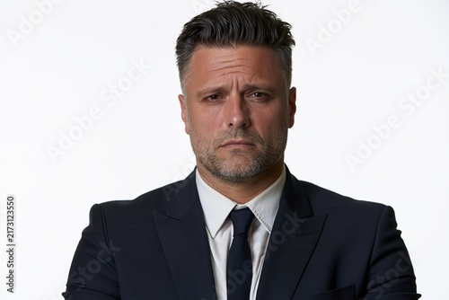 Serious man with dark hair wearing a navy blue suit and tie posing against a plain white backdrop