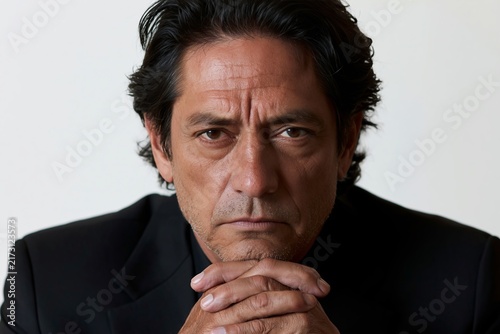 Serious mature man in black suit looking directly at camera with chin resting on his folded hands