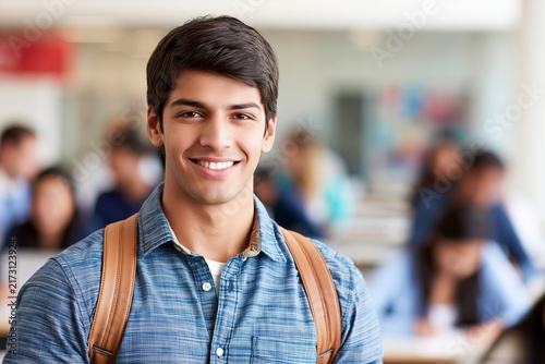 Smiling young male student with a backpack standing in a bright university library classroom