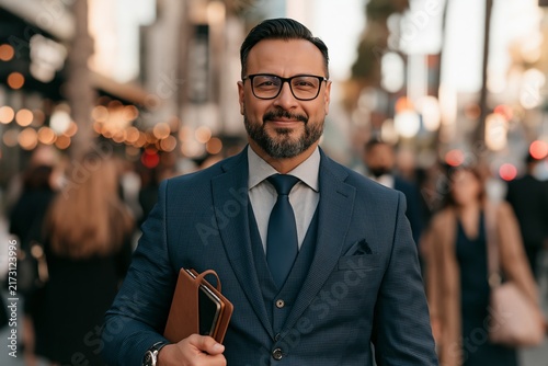 Sophisticated businessman in a navy suit and glasses walking on a busy city street at twilight