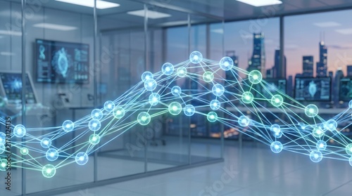 Abstract digital network connection lines and nodes glowing in a modern office environment.
