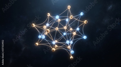 Abstract digital network representation with glowing golden and blue spheres connected by lines.