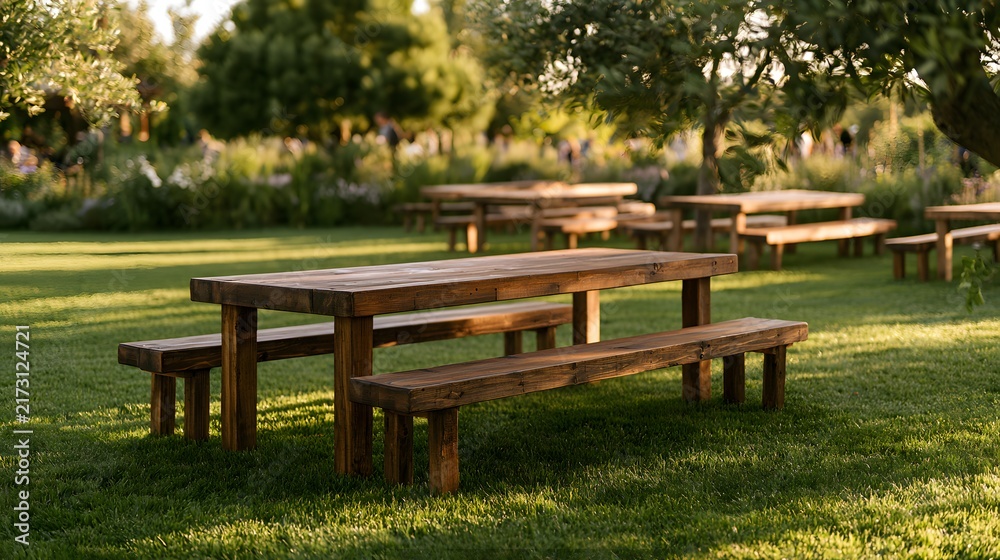 Fototapeta premium Empty wooden picnic tables and benches arranged on grass in park.