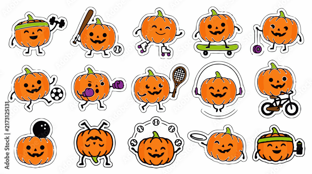 Fototapeta premium Anthropomorphic pumpkins engaging in various sports and activities vector illustration pumpkin halloween fall autumn