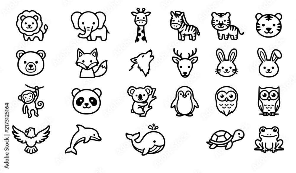 Fototapeta premium Cute wildlife and animal outline vector icons set for kids and nature design