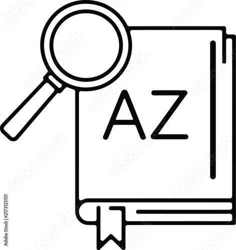 Dictionary line icon, vocabulary book with magnifying glass, glossary vector