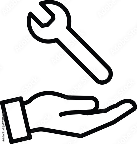 Minimalist wrench and hand icon, technical support symbol, repair service logo