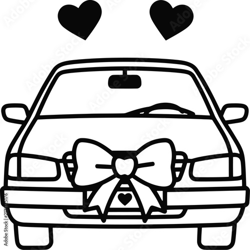 Wedding car vector icon, bridal auto with bow, marriage vehicle line art