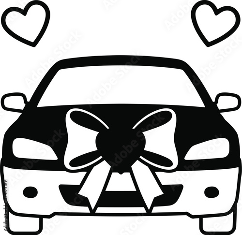 Wedding car icon with bow, bridal auto vector illustration, marriage vehicle