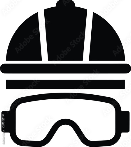 Construction safety helmet and goggles icon, industrial work wear vector
