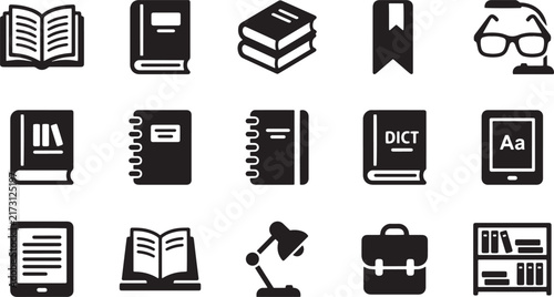 Education Reading Library Books and E-Reader Vector Icon Set