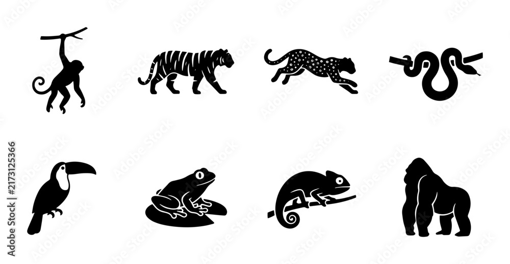 Naklejka premium 70 Jungle Animals Vector Icons: Monkey, Tiger, Panther, Snake, Toucan, Frog, Chameleon, Gorilla Silhouettes for Wildlife and Nature Designs 100