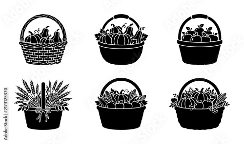 Foto 70 Autumn Harvest Baskets, Silhouette Icons: Pumpkins, Gourds, Corn, Wheat, Fall