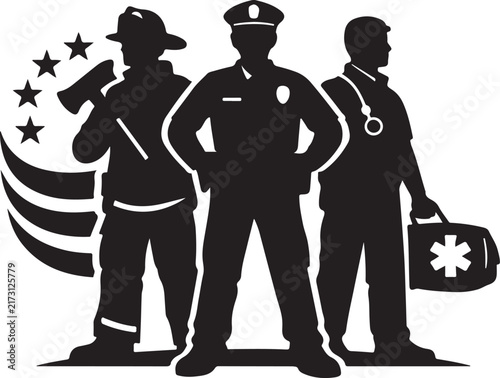 Firefighter Police Officer EMT Standing Together for First Responder Hero Appreciation Design silhouette vector