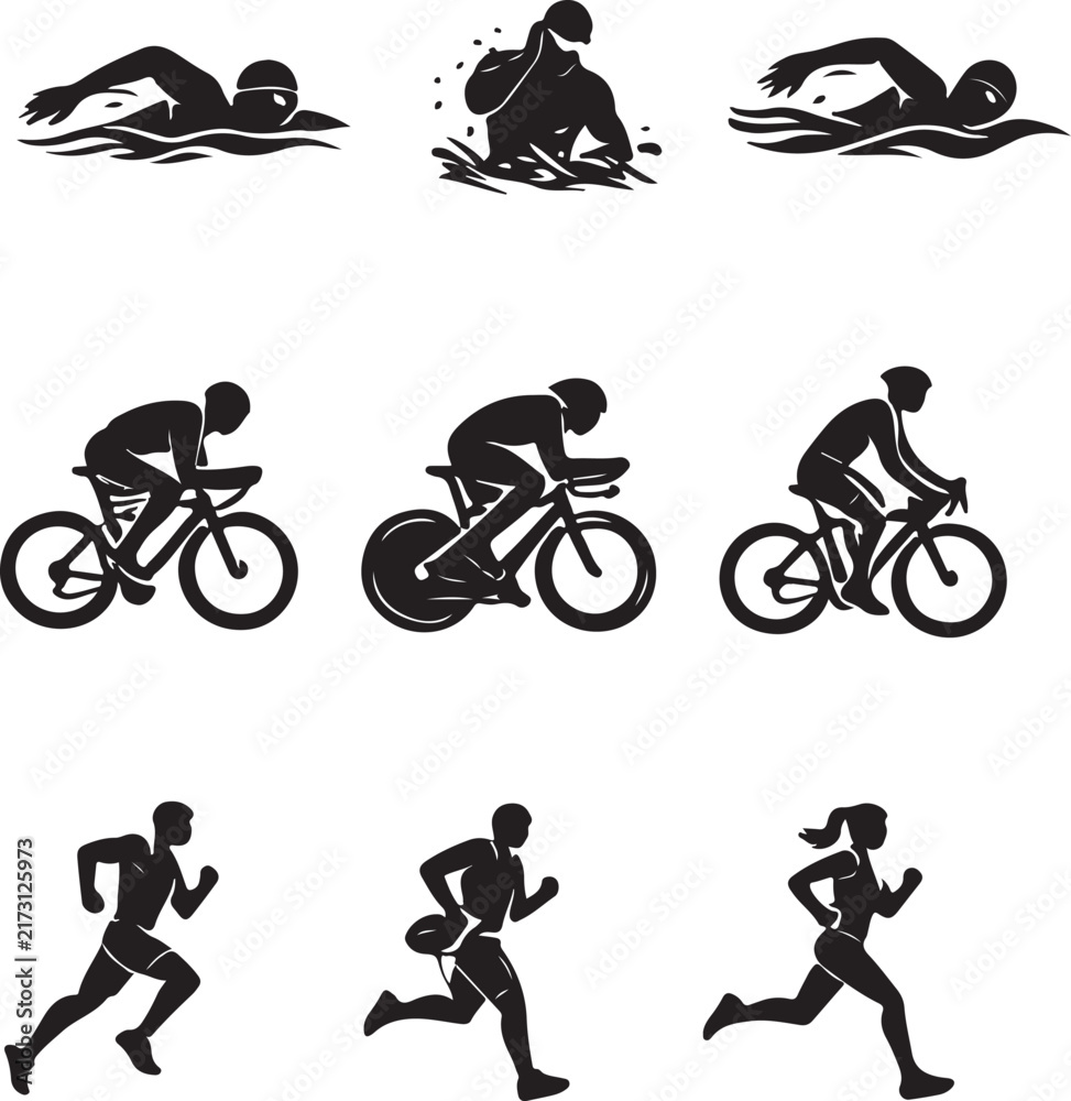 Naklejka premium Triathlon icons set swimming running cycling sports athlete competition silhouette vector